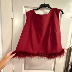 Red Sleeveless Top with Feather Trim